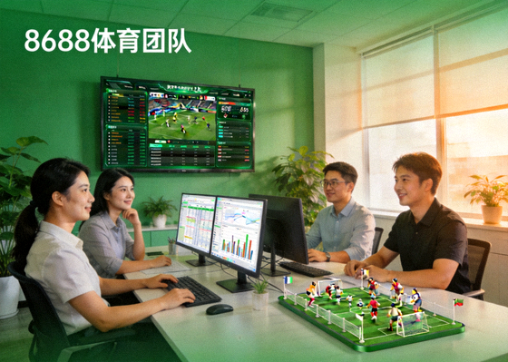 8688体育团队办公场景，绿色主题彰显专业体育数据平台氛围